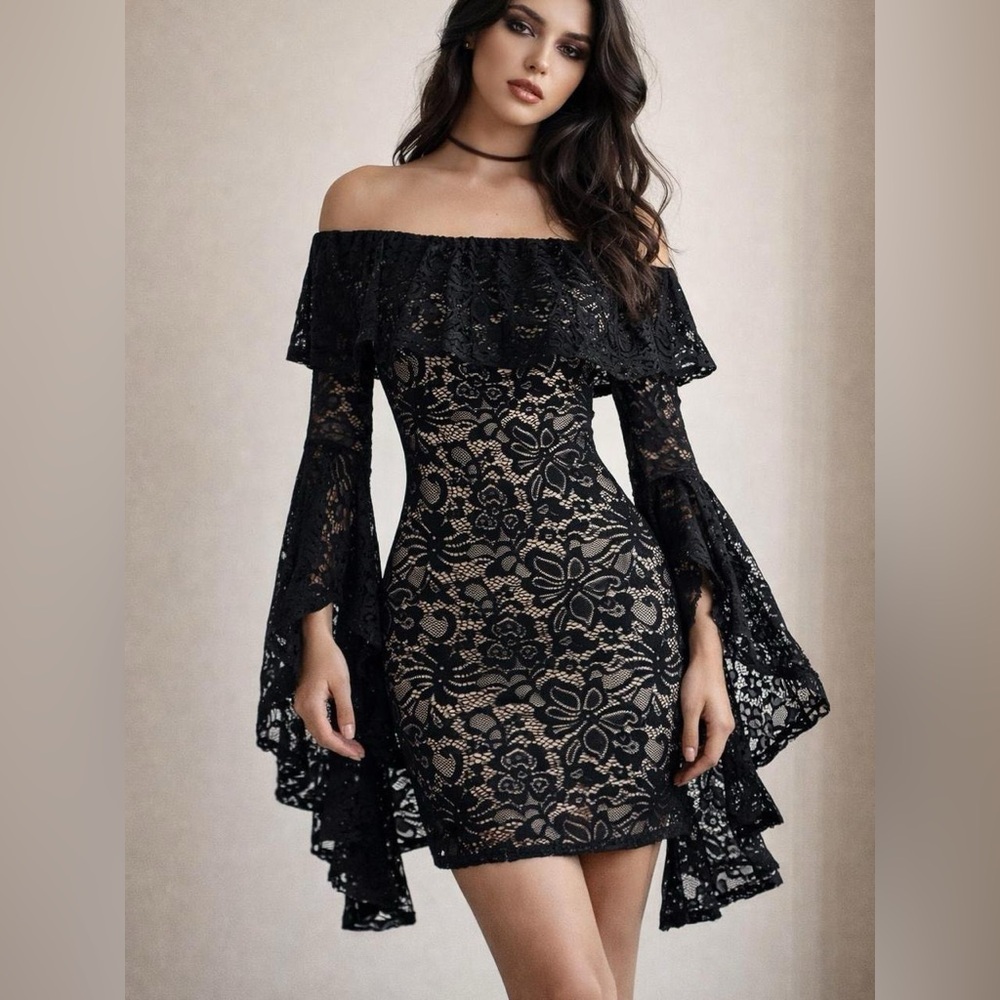 Privy Black Lace Off-Shoulder Bell Sleeve Bodycon Dress Size S
